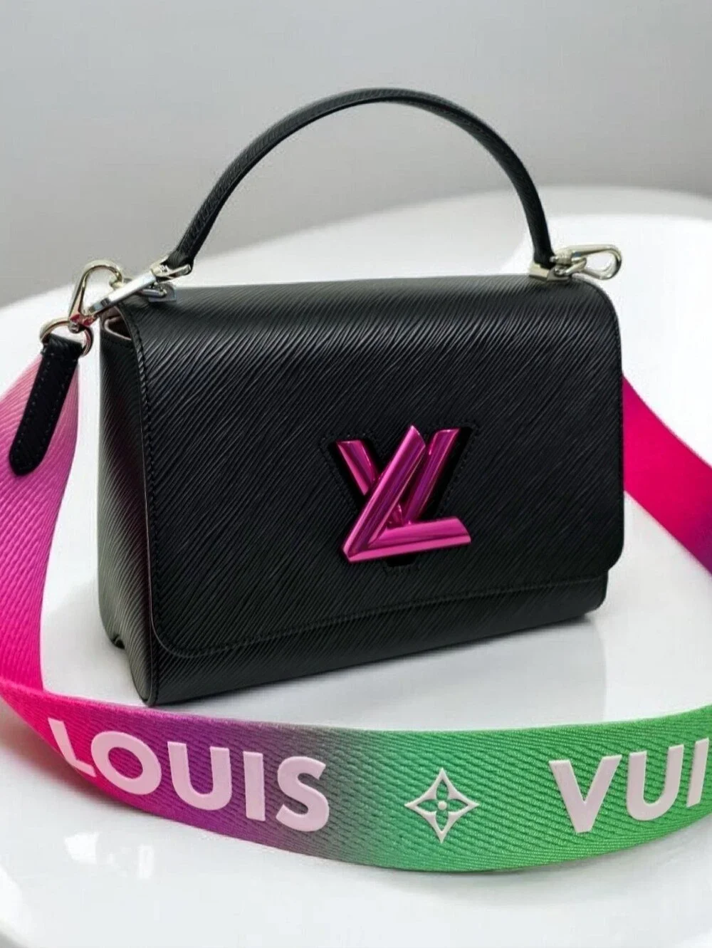 Louis Vuitton Twist MM Epi Limited Edition Black Shoulder Bag Pink Green Strap